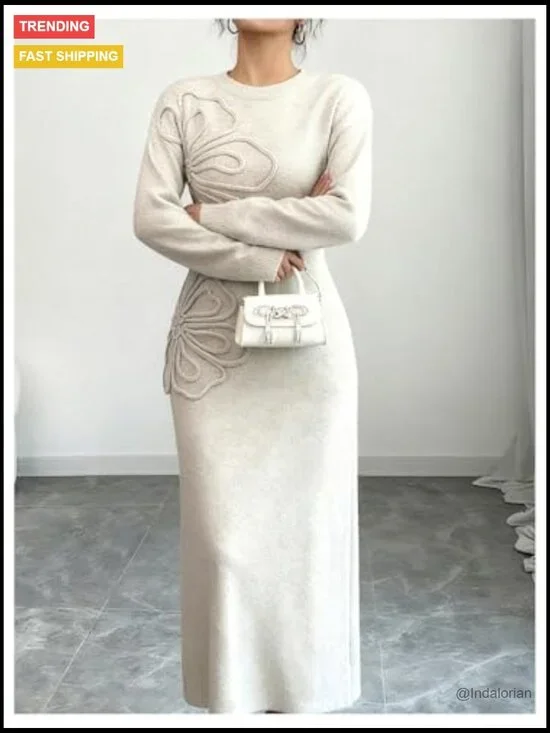 3D Floral Appliques Knit Sweater Dress Crewneck Long Sleeve Flared - Picture 5 of 5